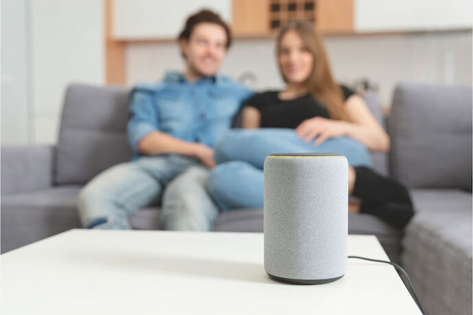 Casal falando com smart speaker.