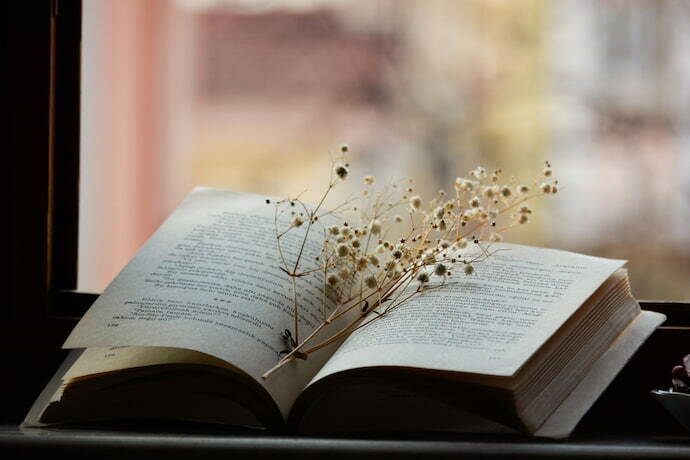 Livro aberto com flores em cima