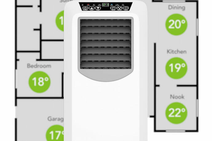 Um climatizador de ar branco e atrás um mapa de uma casa